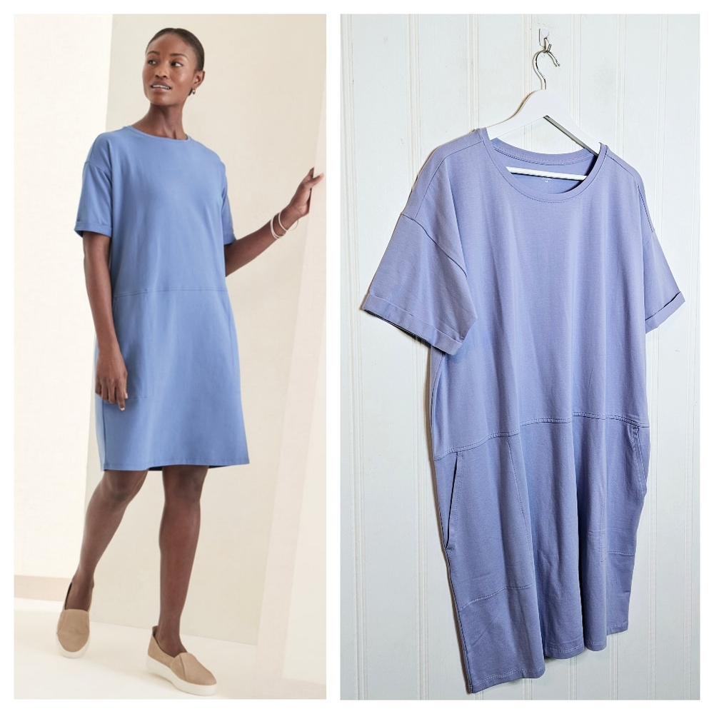 Eileen Fisher Organic Cotton Jersey T-Shirt Dress Plume Blue Womens Size L NWT